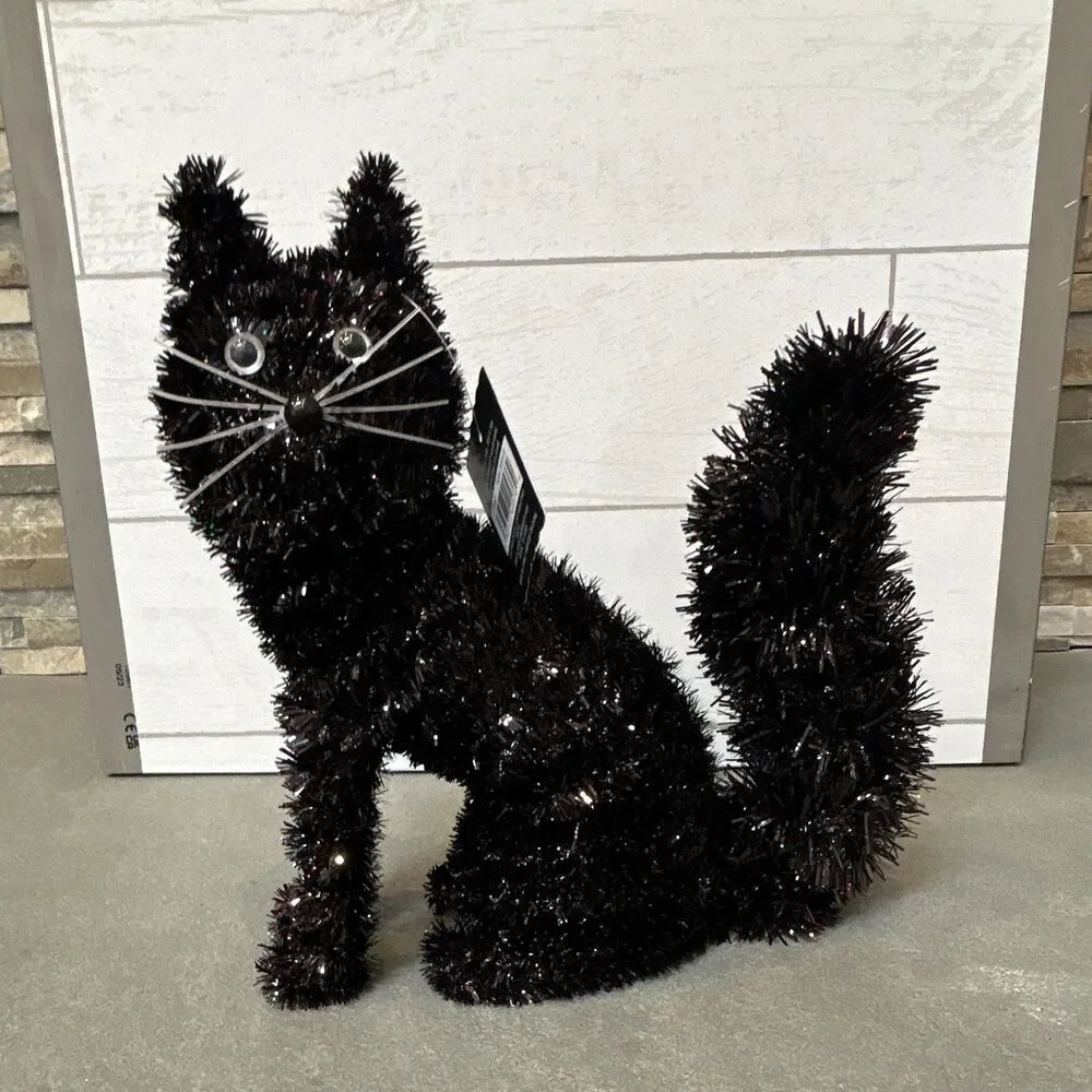 Ashland Halloween Black Tinsel Sitting Cat & Bat Decor w/ Faux Straw Bale